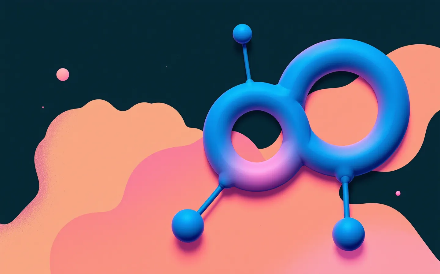 A bold block-poster illustration of an abstract NAD+ two-ring dinucleotide molecule in flat cyan geometric blocks with a hard offset duotone shadow on a cool near-black ground